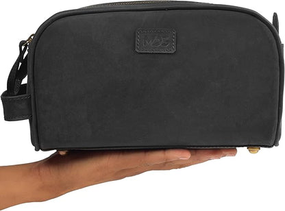 mds Genuine Leather Toiletry Bag for Men - Unisex Rustic Classic Vintage Handcrafted Full-Grain Leather Travel Dopp Kit with Waterproof Lining & Handle, Shaving & Grooming Kit Organizer Pouch - Black