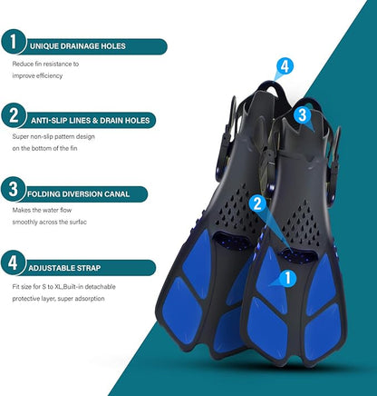 Kids Snorkeling Set Children Mask Fin Snorkel Set Snorkeling Gear Snorkel Mask + Adjustable Swimming Kids Flippers+ Dry Snorkel Tube + Travel Bags