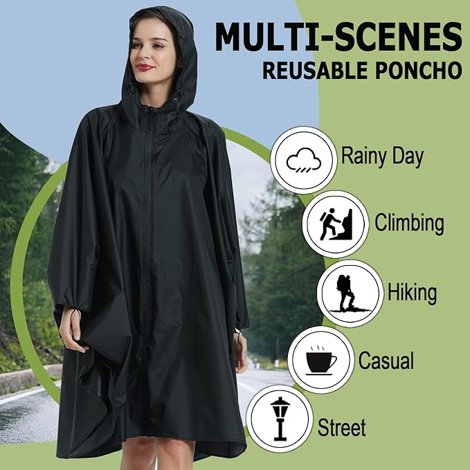 Fashion Hooded Rain Poncho Waterproof Raincoat Jacket with pocket for Women/Men/Adult