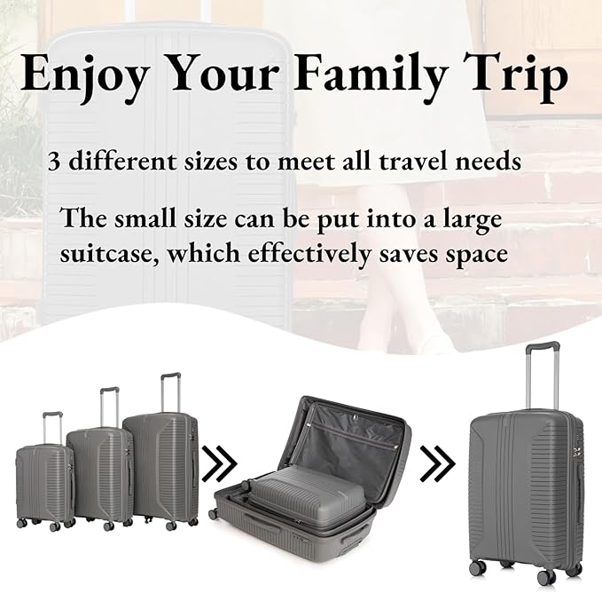 3-Piece PP Hard Shell Spinner Luggage Set (20" 24" 28") with Combination Lock, Adjustable Pull Rod Suitcases,Silver Grey