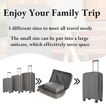 3-Piece PP Hard Shell Spinner Luggage Set (20" 24" 28") with Combination Lock, Adjustable Pull Rod Suitcases,Silver Grey