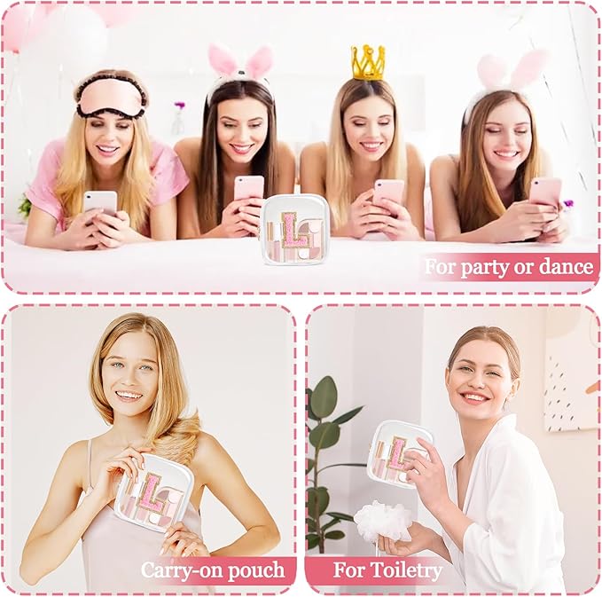 Mini Clear Personalized Initial Makeup Bag,Nylon Preppy A-Z Chenille Letter Patch Zipper Cosmetic Bag, Small Cute Beach Pouch Travel Purse Sanitary Napkin Storage Bag for Women Girls(White-Pink L)