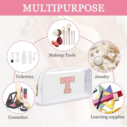 Small Clear Personalized Initial Makeup Bag, Preppy Nylon A-Z Chenille Letter Patch Makeup Organizer TSA Approved Travel Toiletry Bag,Waterproof Zip Beach Cosmetic Pouch Purse for Women(White-Pink T)
