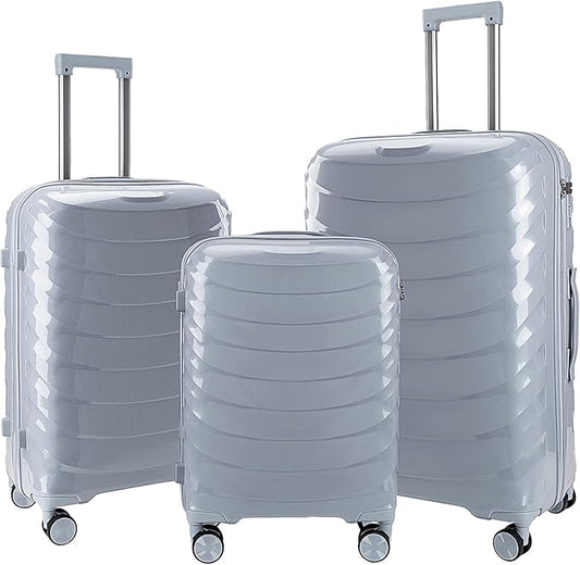 LARVENDER Luggage Sets 3 Piece, Hardside PP Carry On Luggage Suitcase with 360° Spinner Wheels Suitcase Sets for Women Men, Silver Grey