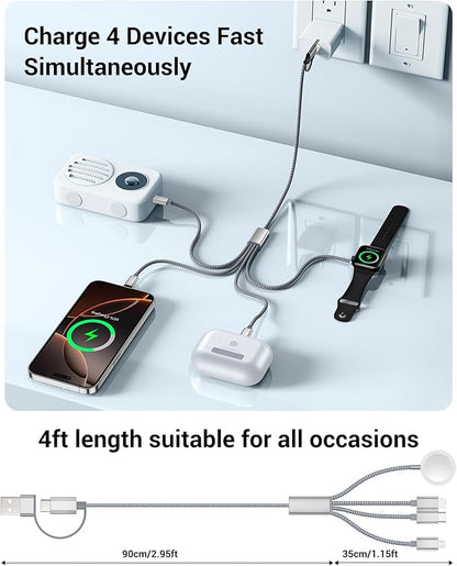 Temdan for Apple Watch Charger,4 in 2 USB C Cable for iPhone 17 Charger/Type C/Lightning/Micro USB,Multi Charging Cable Cord,Travel Vacation Essentials Designed for iWatch &iPhone 16-12-Grey