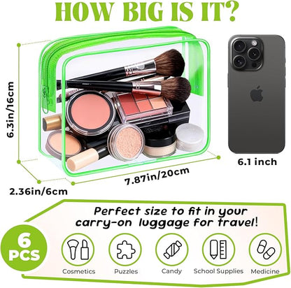 6 Pieces Clear Makeup Bags Bulk TSA Approved Toiletry Bag for Travel PVC Waterproof Clear Cosmetic Pouch with Zipper for Men and Women Carry-on Travel Essentials (Green)