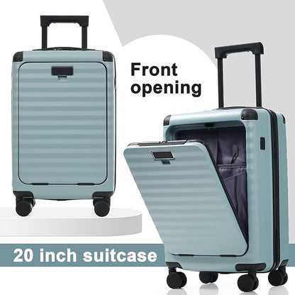 Merax Luggage Sets Front Opening, 3 Piece Hardshell Suitcase with Spinner Wheels and Bags,Lightweight Carry on Luggage with USB Port and Cup Holder,20+24+28,Light Blue