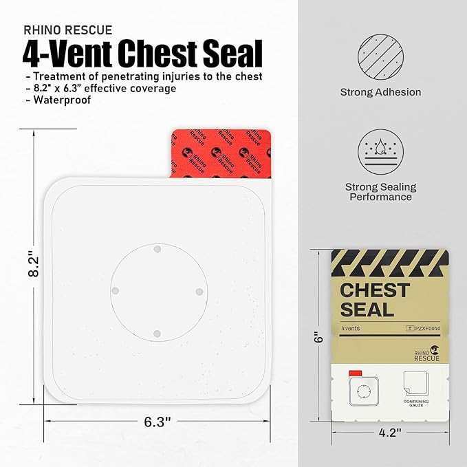 RHINO RESCUE Vented Chest Seal, 4 Vents, Sterile Emergency Trauma Dressing, Occlusive Adhesive Pad, IFAK Trauma Refill Medical First Aid Supplies for Wound Care, Gunshot Wound, Sucking Chest(6 Count)