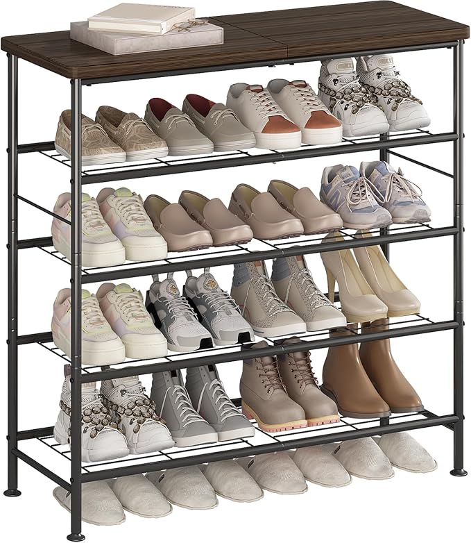 SUOERNUO Shoe Rack Organizer 5 Tier for Closet Entryway Free Standing Metal Storage Shoe Shelf with MDF Top Board，Black+Rustic Brown