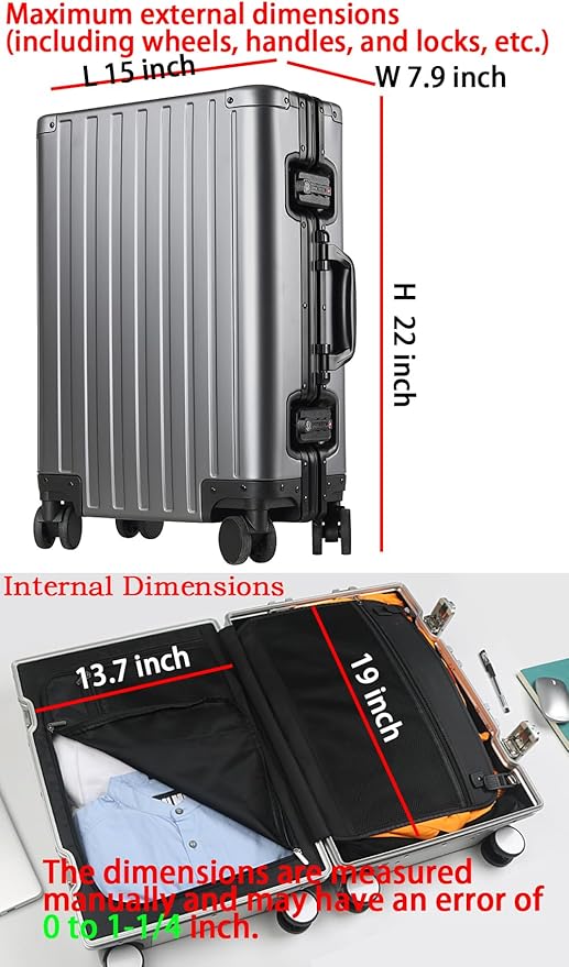 Carry-On Hardside Suitcase: Full Aluminum HardShell Luggage with TSA Lock & Spinner Wheels for Business Travel - Crush-Resistant & Burst-Proof - Gunmetal Gray