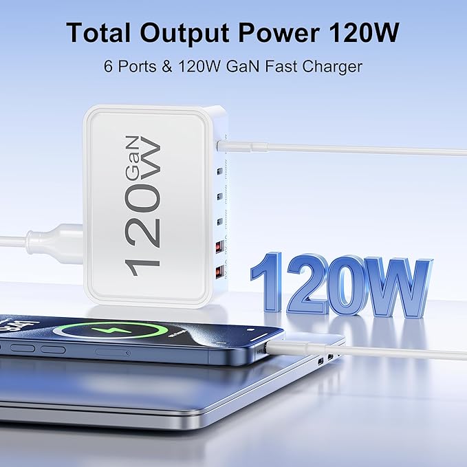 USB C Charger Block, 120W 6 Port USB Charging Station for Multiple Devices, Multi Type C Fast Charging Hub for iPhone 17 16 15 14 Pro Max ipad Samsung Galaxy, Perfect for Travel Home Office, White