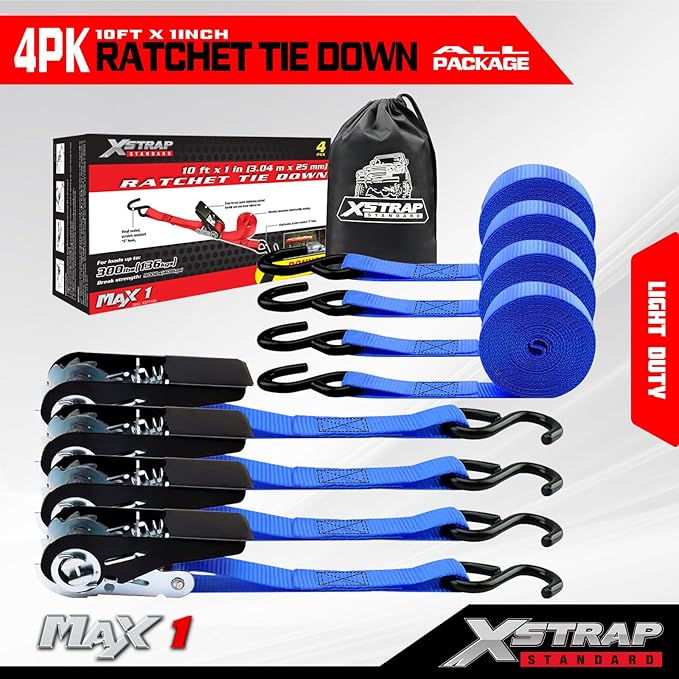 XSTRAP STANDARD Ratchet Tie Down Straps 4 Pk 10 Ft- 300 Lbs Load Cap- 900 Lbs Break Strength-Cargo Straps for UTV, ATV, Pickup,Truck, Moving Appliances, Lawn Equipment, Blue