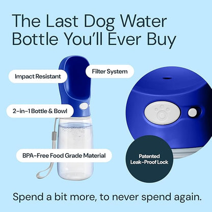 MalsiPree Dog Water Bottle - 19 oz, Navy Blue - One-Hand Leak-Proof Hydration & Pet Water Dispenser - Built-in Travel Bowl & Travel Pet Bowl - BPA-Free for Dog Camping