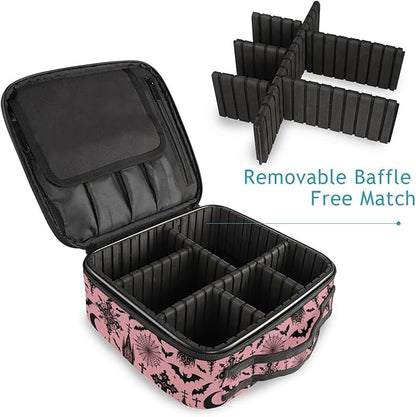 MNSRUU Travel Makeup Bag, Black Gothic Moon Spider Webs and Bats Women Makeup Case Organizer Cosmetic Toiletry Bag for Teenage Girl with Adjustable Dividers