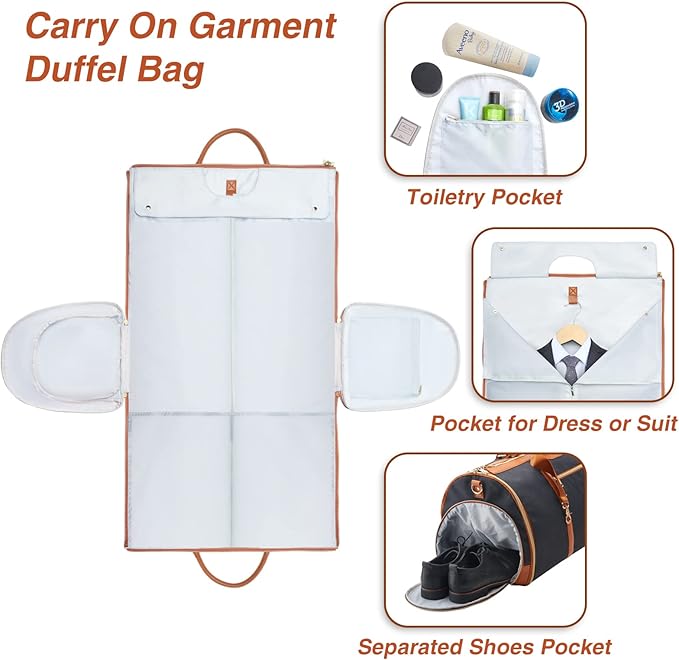 Carry On Garment Bag for Travel with Shoulder Strap, Convertible Duffel Suit Bag for Men, Waterproof Weekender Overnight Bag with Shoe Compartment, Business Trip Suit Carrier