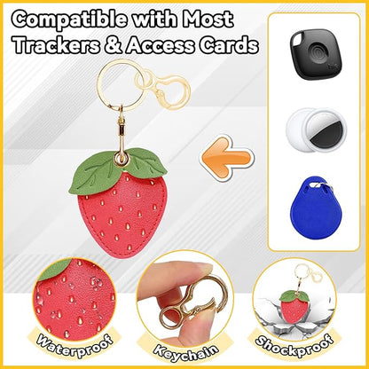 Leather Keychain for Airtag, Cute Protective Keychain Holder Compatible with Apple Air Tag,GPS Item Tracker Case Cover for Keys,Bags,Pets,Luggage(Strawberry)