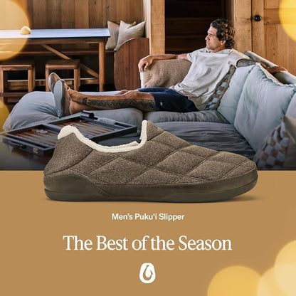 OLUKAI Puku'i Men's Fleece Slippers, Comfortable Activewear Slippers, Premium Full-Grain Leather & Jersey Knit, Drop-In Heel & All-Day Comfort