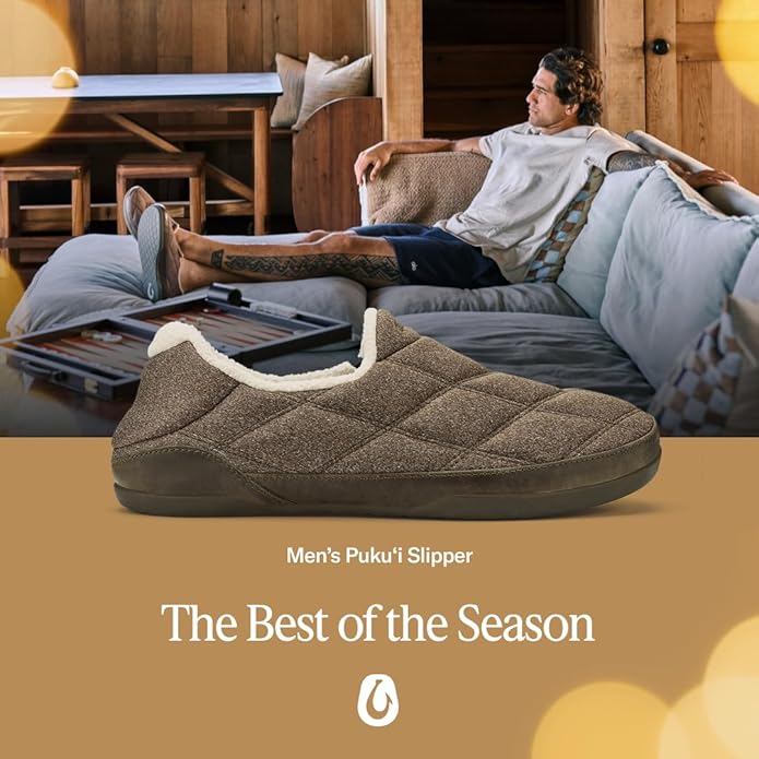 OLUKAI Puku'i Men's Fleece Slippers, Comfortable Activewear Slippers, Premium Full-Grain Leather & Jersey Knit, Drop-In Heel & All-Day Comfort