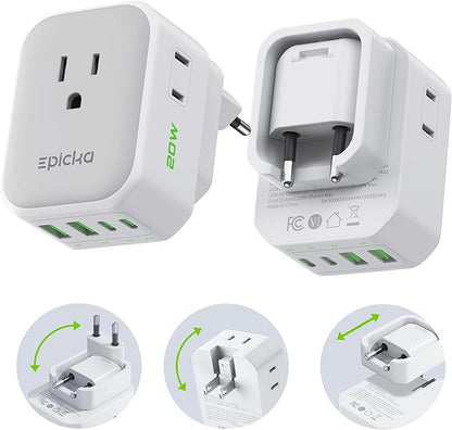 EPICKA Hybrid European Travel Plug Adapter, 2 Packs Foldable & Detachable Type C (EU) VisaPlug, 8-IN-1 International Power Adapter with 4 USB Ports (2 USB-C PD 20W), Travel Essentials for US to Europe