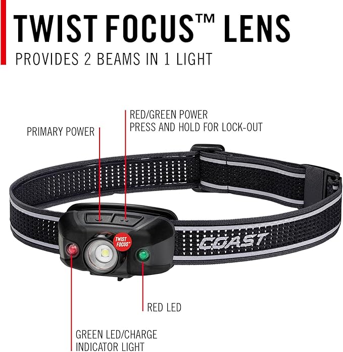 Coast FLX40R 800 Lumen Built-in Rechargeable Battery LED Headlamp with Twist Focus Lens and Coast Ultra Strap