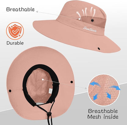 ZOORON Women's Ponytail Safari Sun Hat,Wide Brim UV Protection Outdoor Bucket Hat,Foldable Beach Summer Fishing Hat