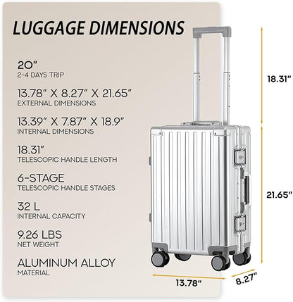 20 Inch All Aluminum Carry On Luggage 22x14x9 Airline Approved with Spinner Wheels,Hard Shell Zipperless Lightweight Small Suitcase with TSA Approved for Travel Business Women Men,Silver