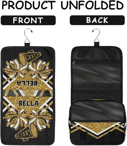 Custom Name Toiletry Bag Travel Bag with Hanging Hook, Cheerleading Makeup Cosmetic Bag Travel Full Sized Container Organizer for Shampoo, Toiletries. Gold Sequins with Black