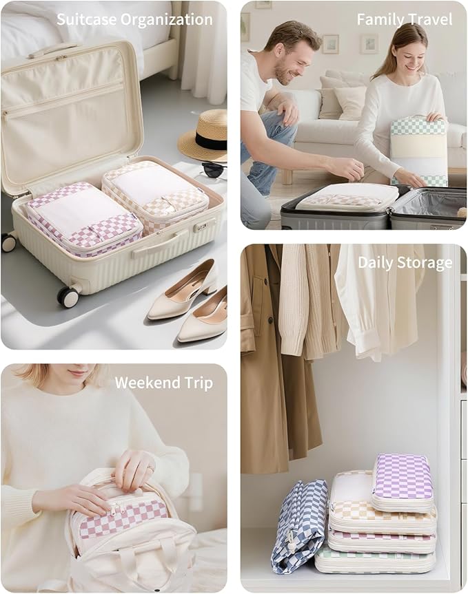 Narwey 5 Set Compression Packing Cubes for Travel, Luggage Packing Organizer Bags for Carry on Suitcase, Expandable Checkered Storage Bags with Laundry & Handle (Light Checkerboard)