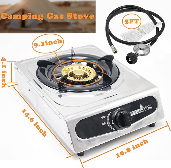 1Burner Propane Gas Cooktop,Camping Portable LPG Gas Stove, Auto Ignition Stainless Steel Countertop with regulator burner grate