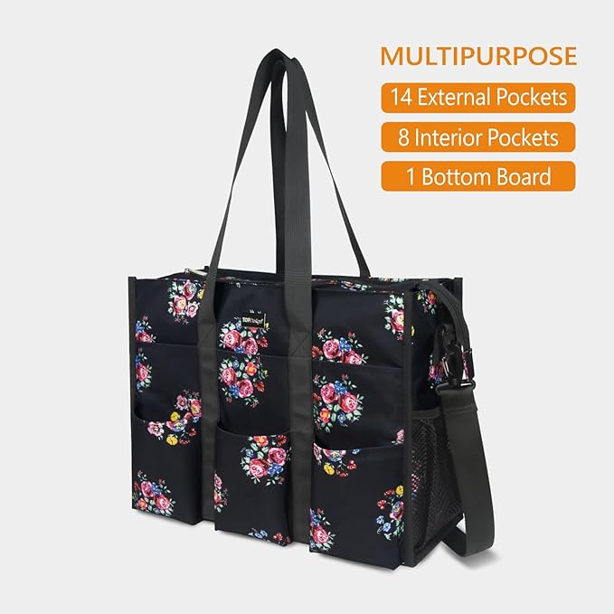 TOPDesign Utility Water Resistant Tote Bag with 22 Pockets, Top Zipper Closure & Thick Bottom Support, for Working Women