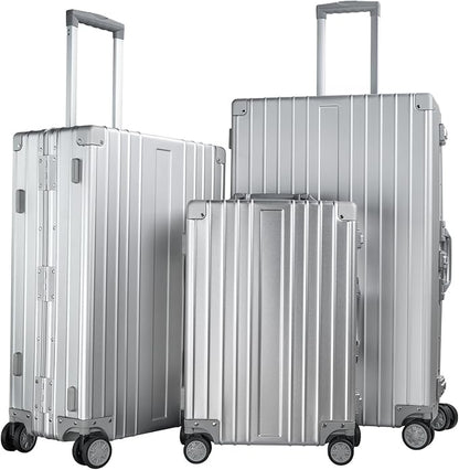 TRAVELKING All Aluminum Luggage Zipperless Hard Shell Luggage Case with TSA Lock Spinner Alloy Metal Suitcase (Silver, 28")