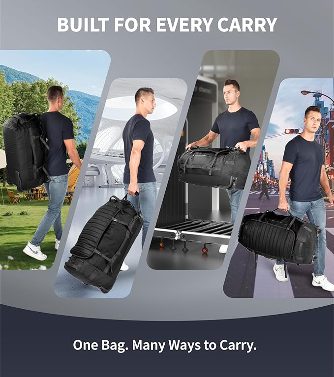 Rolling Duffle Bag with Wheels - 86L Extra Large Travel Duffel, Foldable & Waterproof Checked Luggage for Men, Camping, Sports, Long Trips