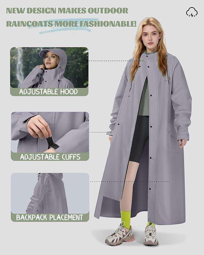Men's Rain Jacket with Hooded Waterproof Lightweight Packable Long Raincoat Poncho for Women Adults