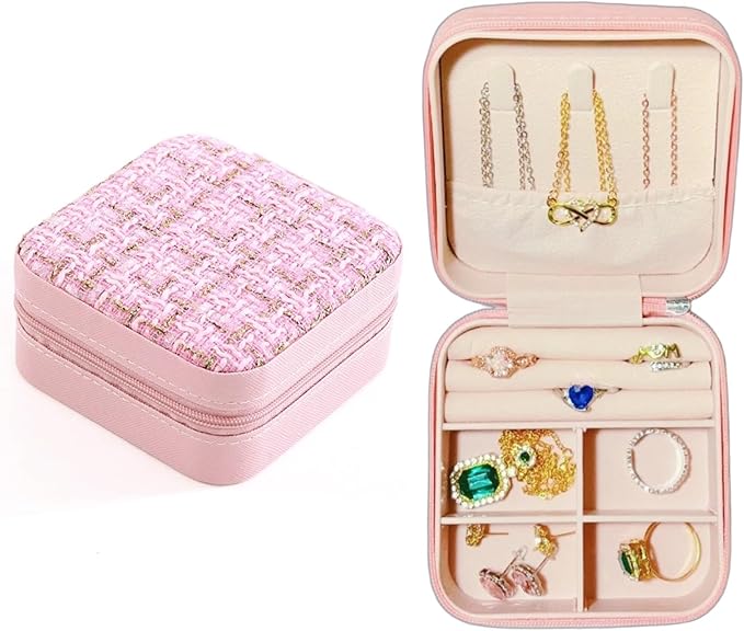 Small Jewelry Box,Travel Jewelry Organizer Case with Stylish Braided Surface,Portable Storage Case for Rings Necklace and Stud Earring