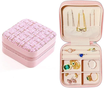 Small Jewelry Box,Travel Jewelry Organizer Case with Stylish Braided Surface,Portable Storage Case for Rings Necklace and Stud Earring