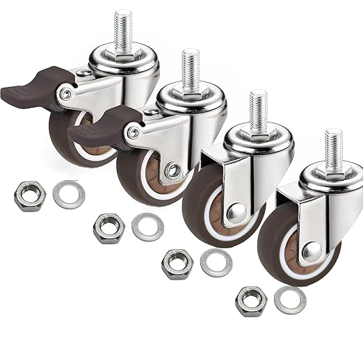 1.5" M6x15 Stem Casters Bolt Threaded Wheels,TPR Mute Rubber Swivel Single Caster Screws in Wheel Small with 2 Brake Locks-Brown