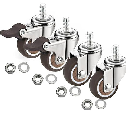 1.5" M6x15 Stem Casters Bolt Threaded Wheels,TPR Mute Rubber Swivel Single Caster Screws in Wheel Small with 2 Brake Locks-Brown