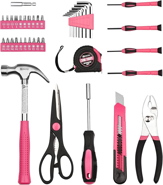 40-Piece Pink Tool Set - General Household 40 PCS Hand Tool Kit with Plastic Toolbox Storage Case (Pink)