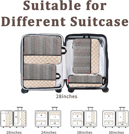 U+U 4 Set Compression Packing Cubes - Ultralight Travel Organizers, Space-Saving Suitcase Organizer, Expandable Packing Cubes for Travel, Business Trip and Family Vacation (Khaki Checkered)