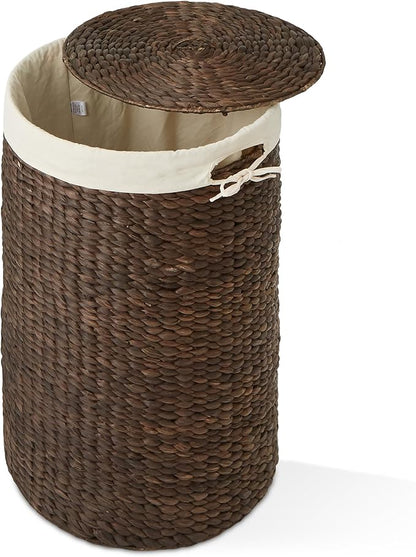 Casafield Round Laundry Hamper with Lid and Removable Liner Bag - Espresso Dark Brown, Woven Water Hyacinth Wicker Laundry Basket for Clothes, Towels