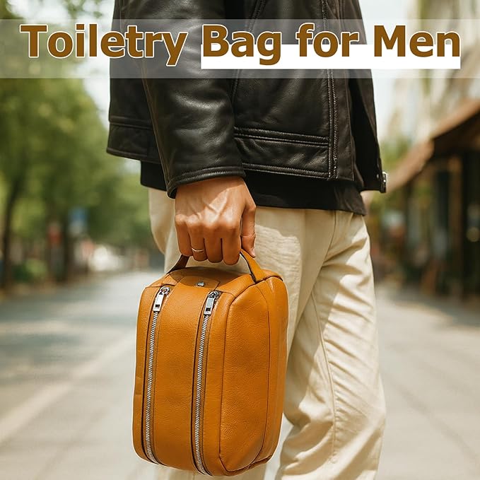 MIRASON Travel Toiletry Bag for Men Leather Travel Bag for Toiletries, Dopp Kit Water-resistant Shower Bag for Shaving Bathroom Organizer Gifts for Men, Brown