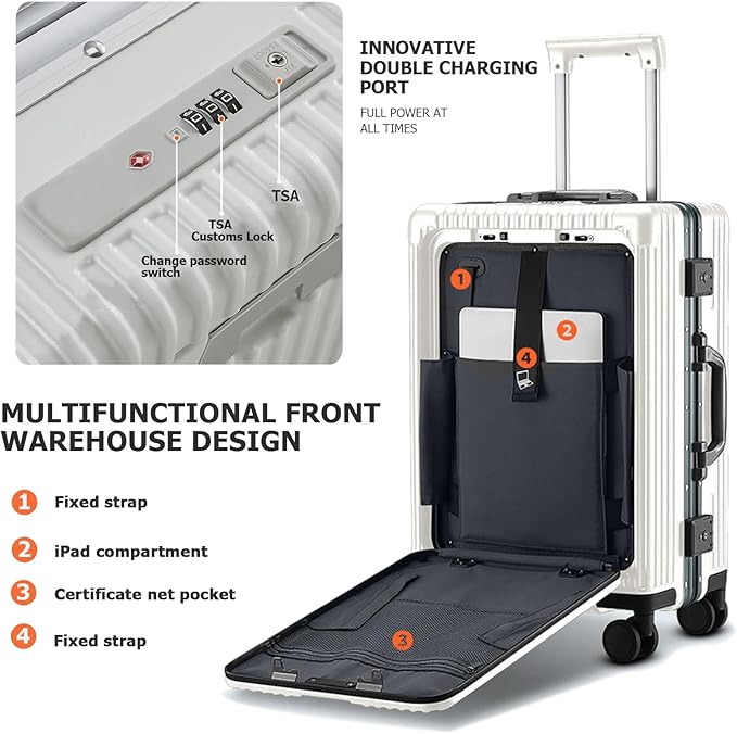 feilario 24in Aluminium Frame Zipperless PC Hard Shell Spinner Wheels Luggage, Built-In TSA lock Carry on Suitcase, with Cup Holder, USB Port, Phone Holder