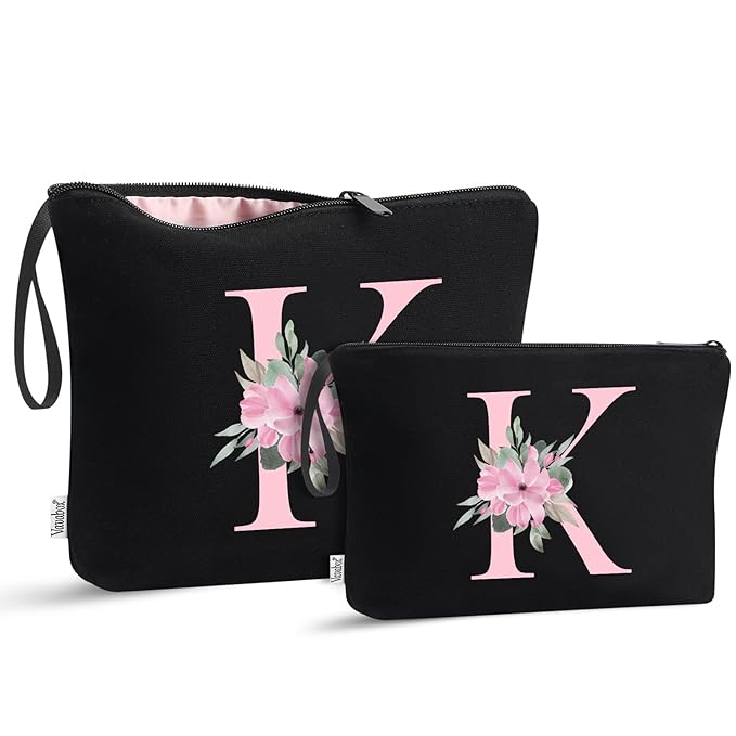 Vavabox A-Z Personalized Makeup Bag, Birthday Gifts for Women Mom, Gifts for Best Friend, Bride Bridesmaid Cosmetic bag (K, 04-Black Set)