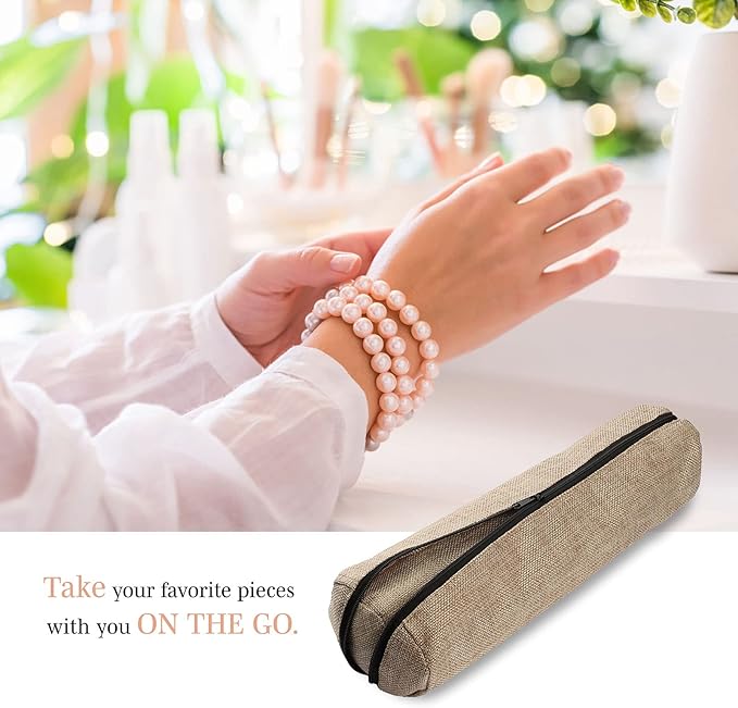 Novel Box Burlap Faux Leather Bangle/Bracelet/Watch Roll 12.25x3x3 Inches with Matching Zipper Pouch - Portable Organizer Pouch with Removable Roll Insert for Travel, Retail & Personal Use