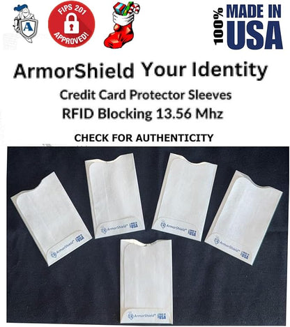 RFID Blocking Sleeves Credit Card Protector 100% MADE IN USA - Anti-theft for Travel wallet, purse. ArmorShield Your Identity (5PAK)
