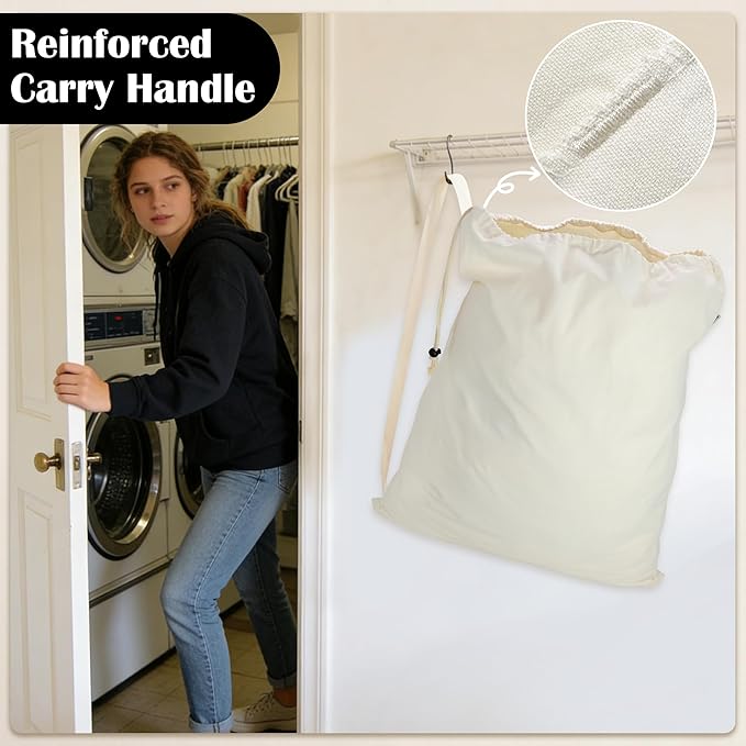 Canvas Laundry Bag with shoulder Strap 24" x 29", Large Drawstring Dirty Clothes Bag Washable Laundry Sack for College Dorm, Travel, Home, Camp (Beige)