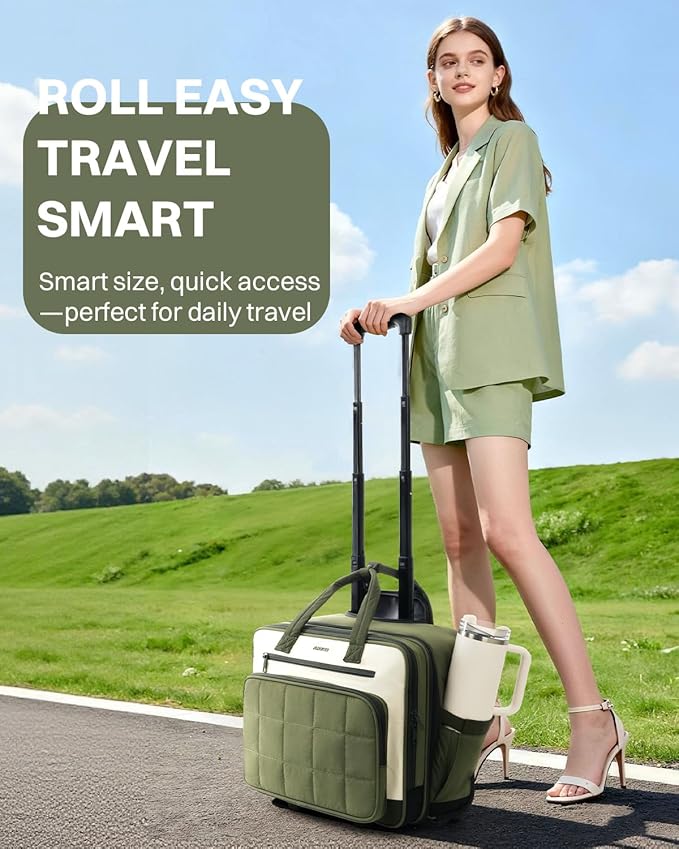 Rolling Puffer Laptop Bag, Rolling Briefcase for Women, Wheeled 16 Inch Computer Bag, Water Resistant Stylish Overnight Underseat Carry On Luggage with Wheels for Work Travel Business, Green