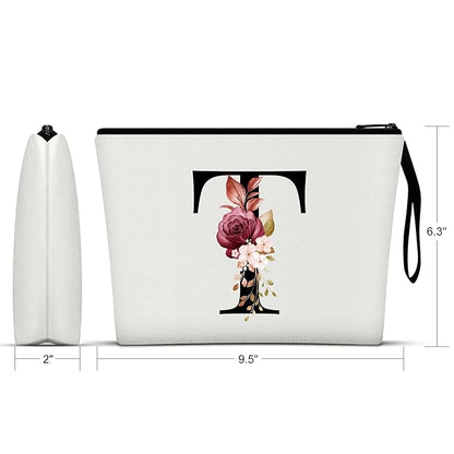 Vavabox A-Z Personalized Makeup Bag, Birthday Gifts for Women Mom, Gifts for Best Friend, Bride Bridesmaid Cosmetic bag (T, White)