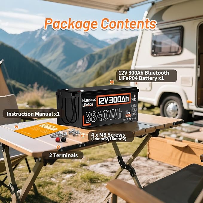 HumsiENK Bluetooth 12V 300Ah LiFePO4 Lithium Battery, 200A BMS with Low-Temp Cutoff, Max. 2560W Stable Power Output, 15000+ Deep Cycles Battery for RVs, Marine, Home Energy Storage, Off-Grid Living