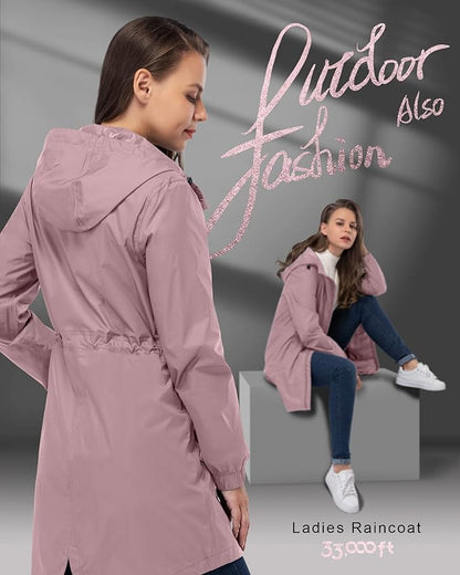 33,000ft Women's Waterproof Long Rain Coats Packable Rain Jacket with Hood Trench Coats Windbreaker
